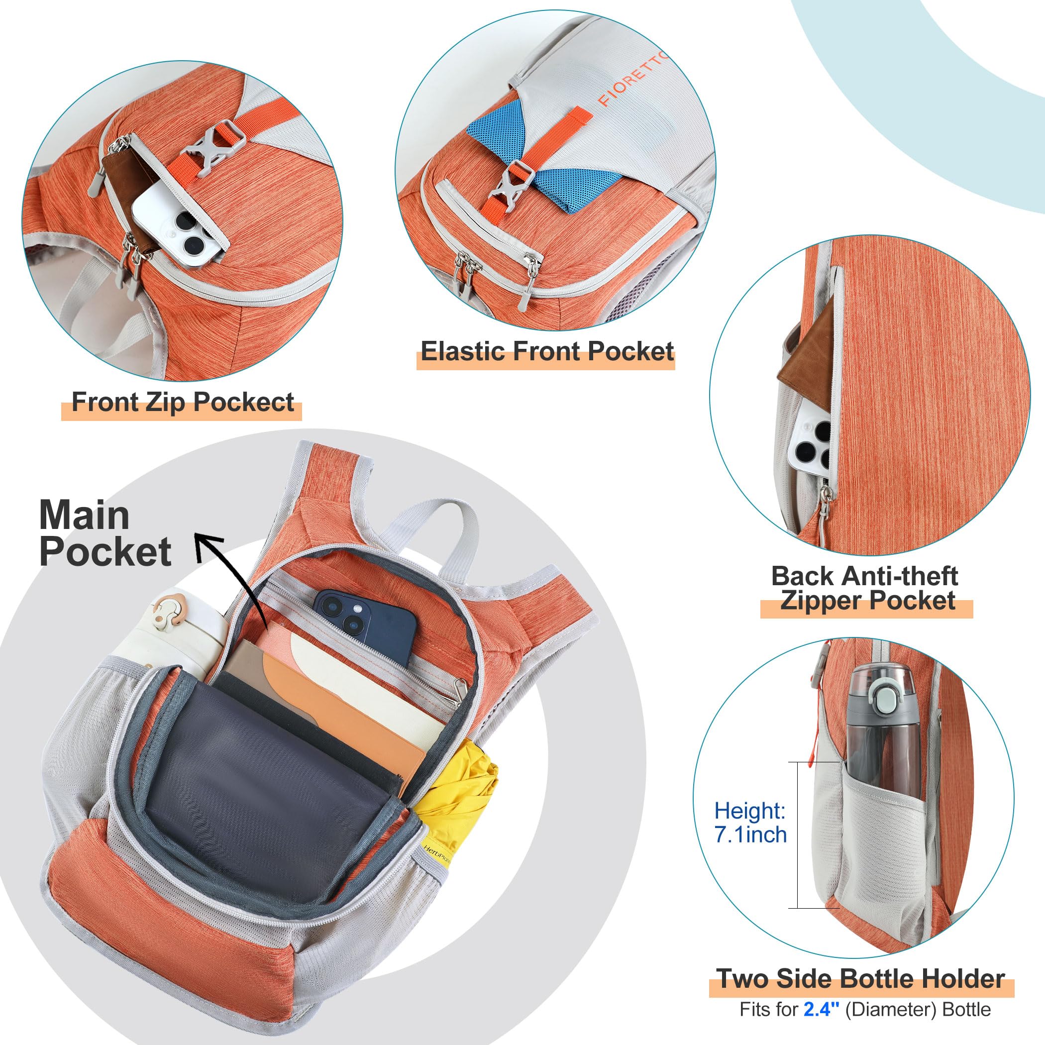 FIORETTO 15L Hiking Backpack for Women Men Mini Packable Backpack Lightweight Small Daypack for Camping Travel Outdoor, Orange - Image 4