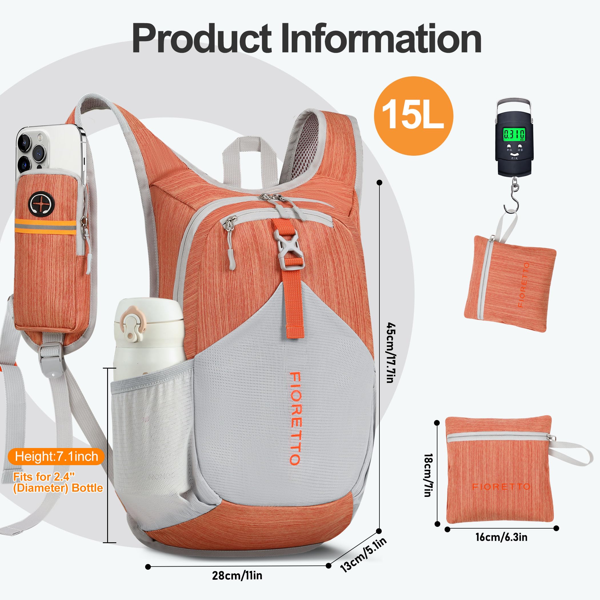 FIORETTO 15L Hiking Backpack for Women Men Mini Packable Backpack Lightweight Small Daypack for Camping Travel Outdoor, Orange - Image 5
