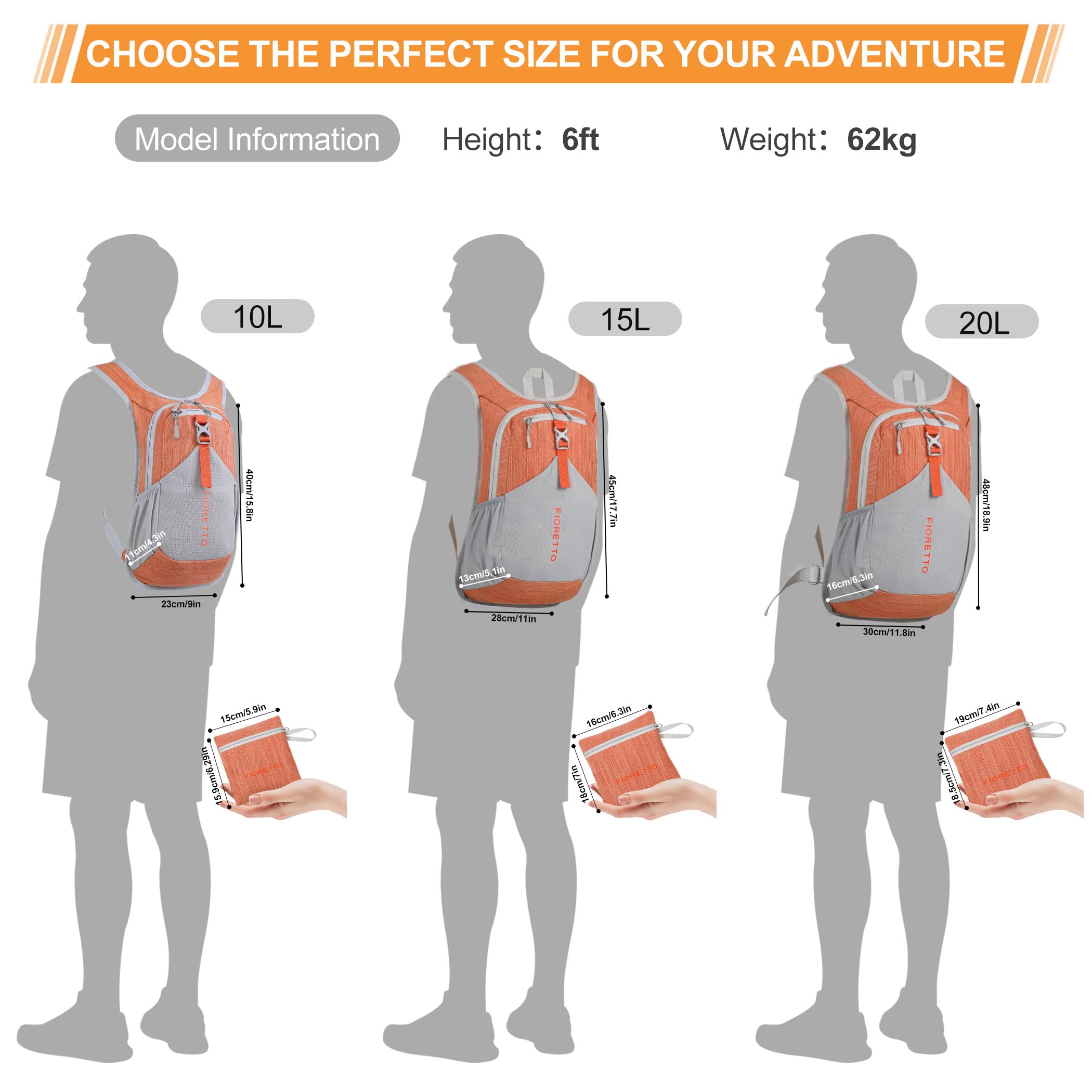FIORETTO 15L Hiking Backpack for Women Men Mini Packable Backpack Lightweight Small Daypack for Camping Travel Outdoor, Orange - Image 6