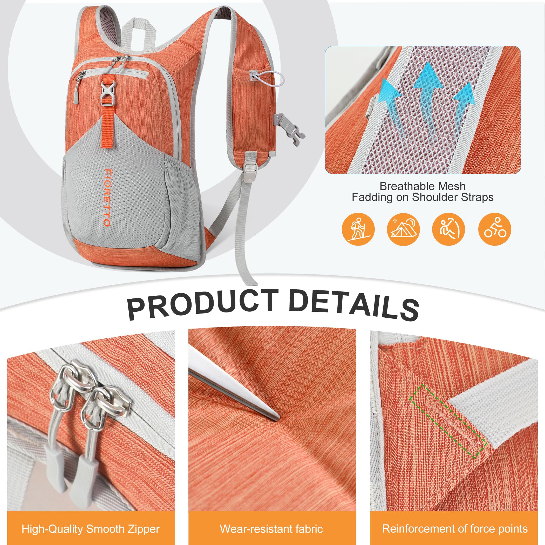 FIORETTO 15L Hiking Backpack for Women Men Mini Packable Backpack Lightweight Small Daypack for Camping Travel Outdoor, Orange - Image 7