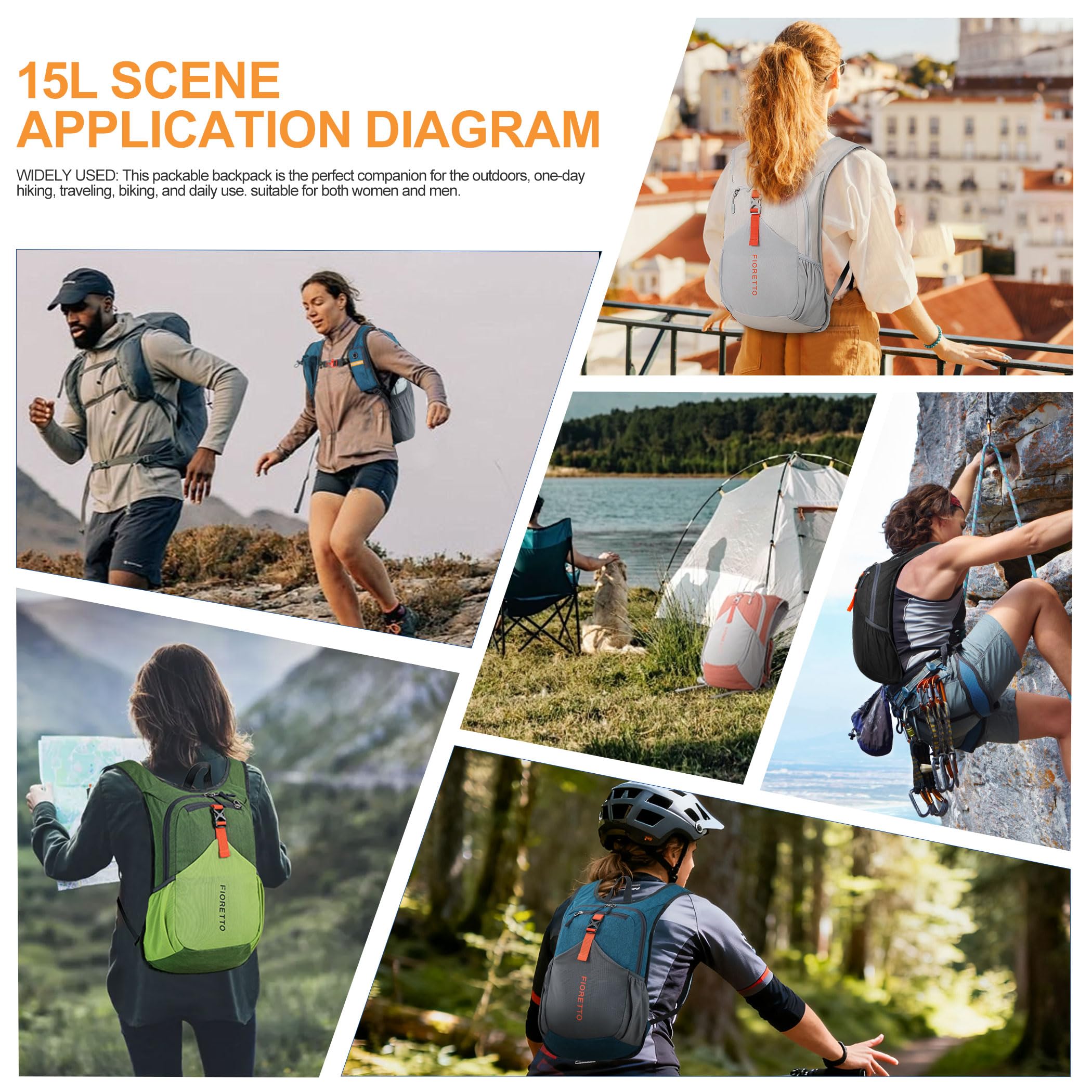 FIORETTO 15L Hiking Backpack for Women Men Mini Packable Backpack Lightweight Small Daypack for Camping Travel Outdoor, Orange - Image 8