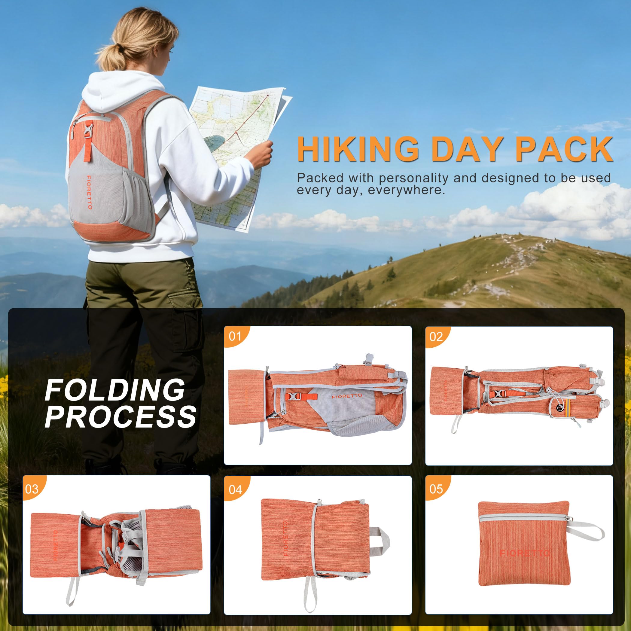 FIORETTO 15L Hiking Backpack for Women Men Mini Packable Backpack Lightweight Small Daypack for Camping Travel Outdoor, Orange - Image 9
