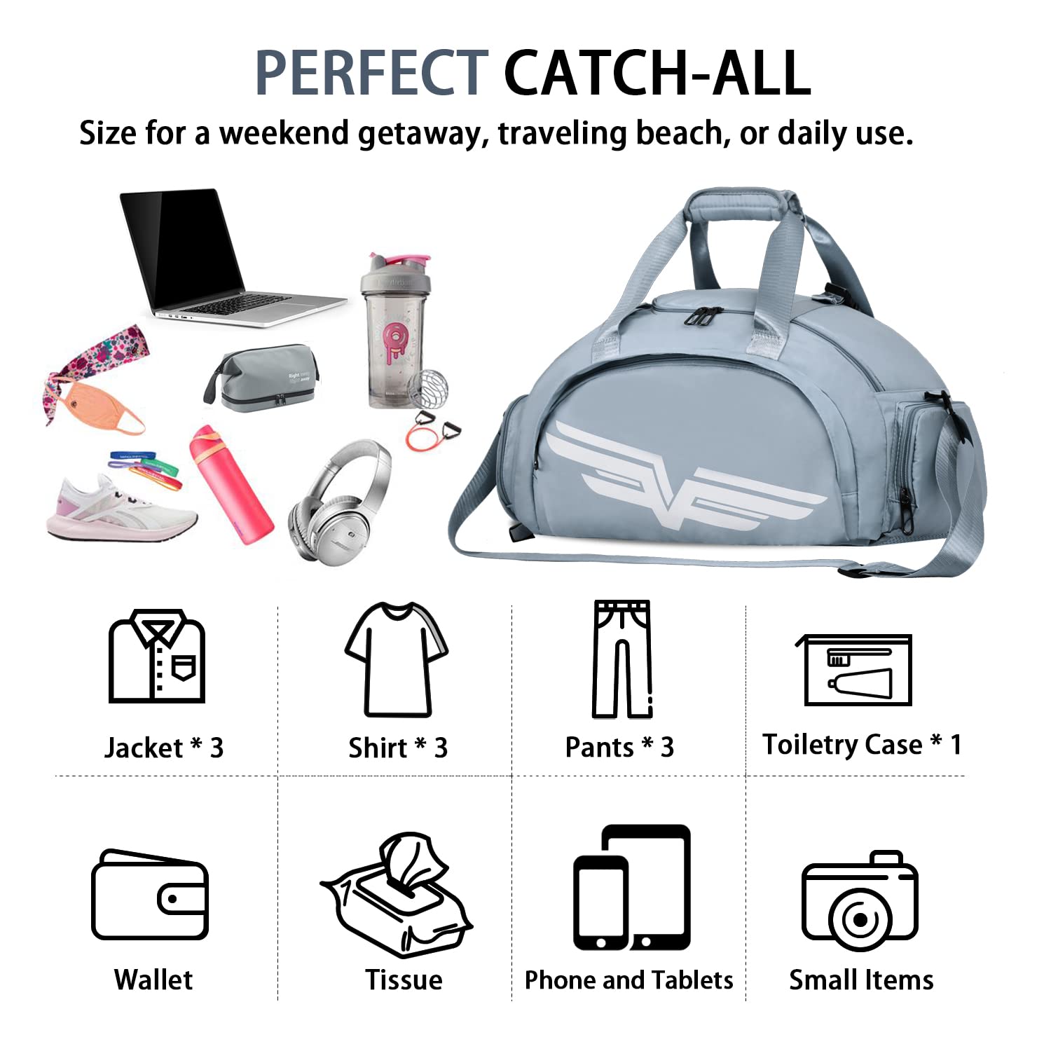 FIORETTO 30L Sports Gym Duffle Bag with Wet Pocket & Shoe Compartment, Weekender Hospital Overnight Bag for Women, Sports Holdall Backpack - Image 6