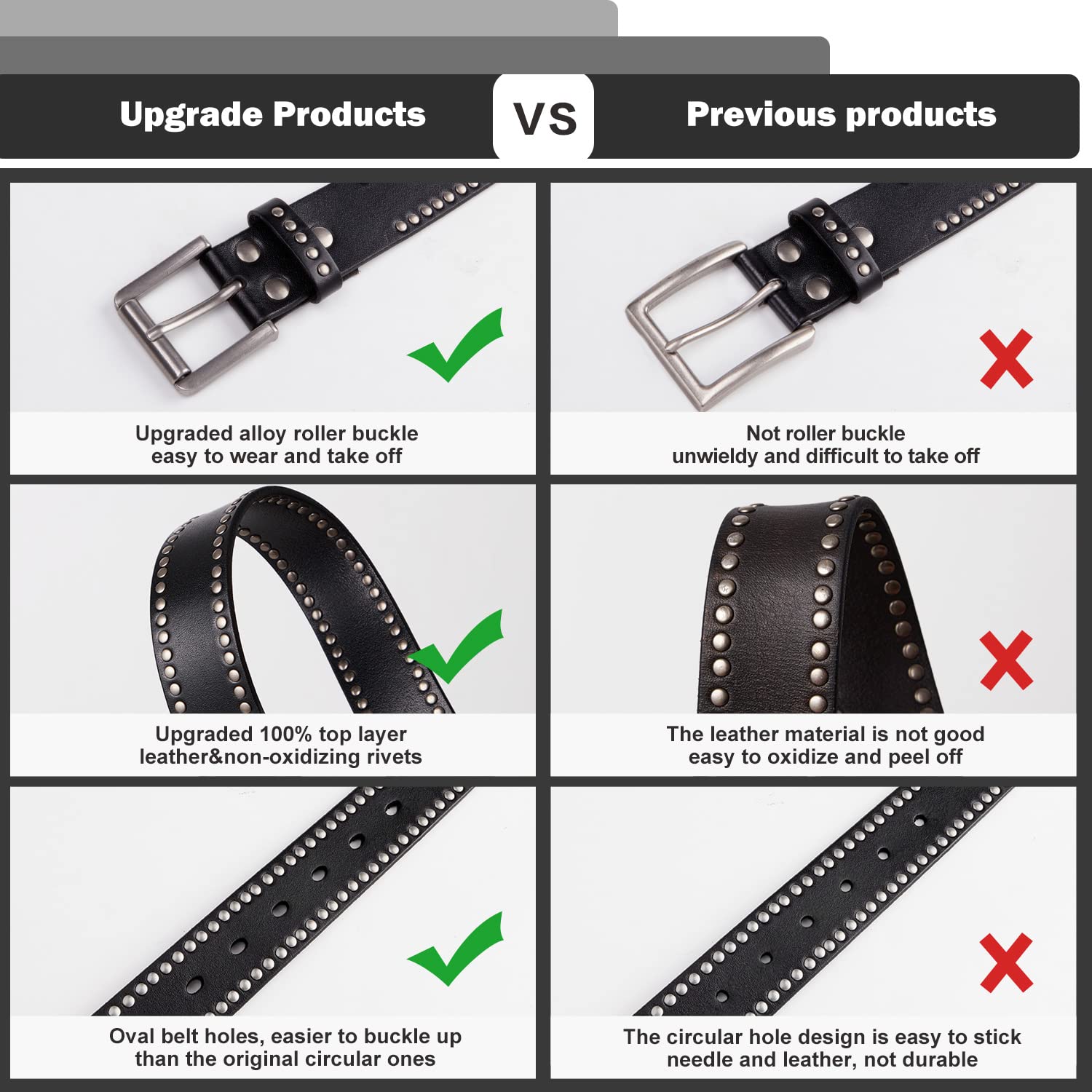 FIORETTO Genuine Leather Studded Belt for Men Women, Punk Goth Y2K Rivet Belt with Metal Buckle for Jeans Pants, Black Brown - Image 5