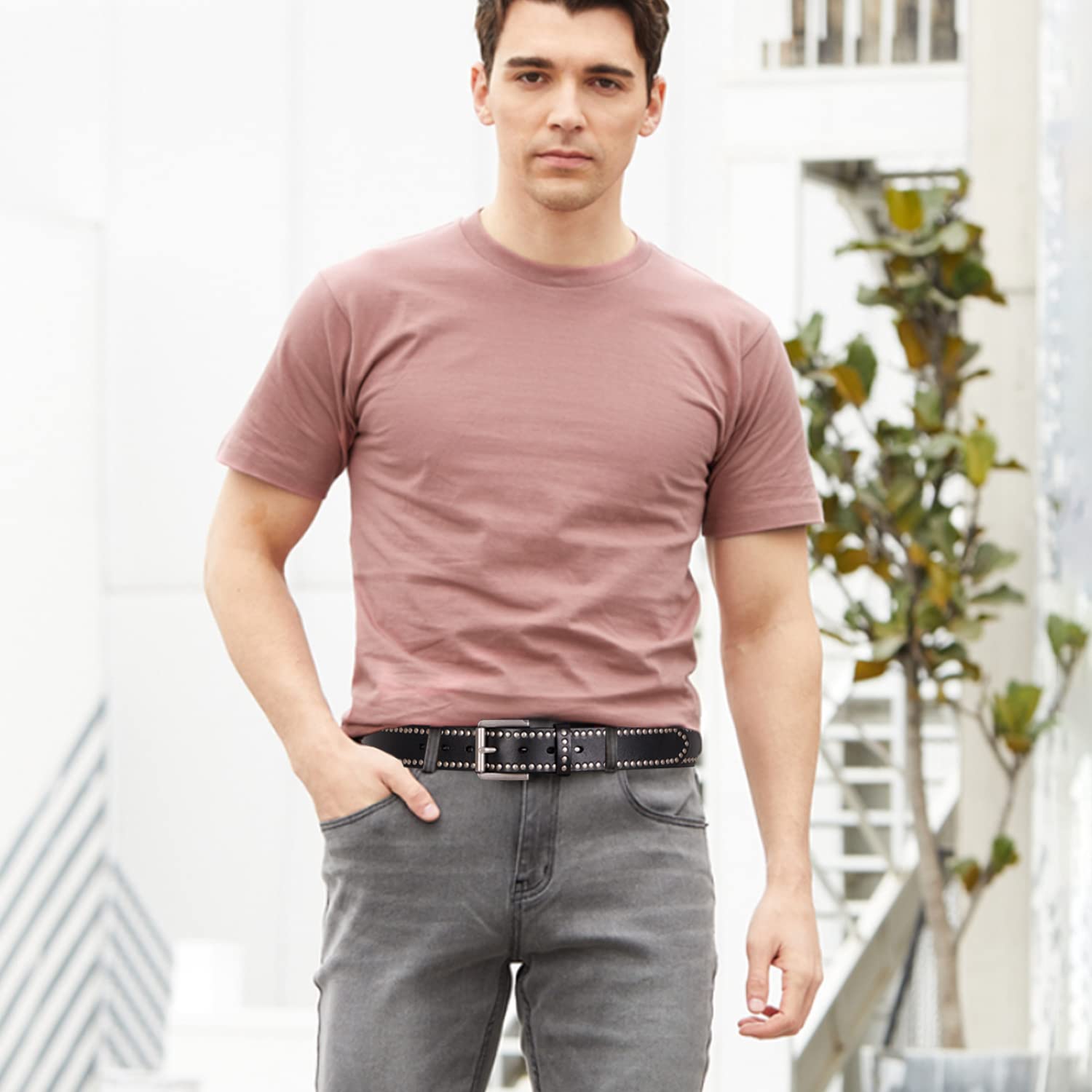 FIORETTO Genuine Leather Studded Belt for Men Women, Punk Goth Y2K Rivet Belt with Metal Buckle for Jeans Pants, Black Brown - Image 7