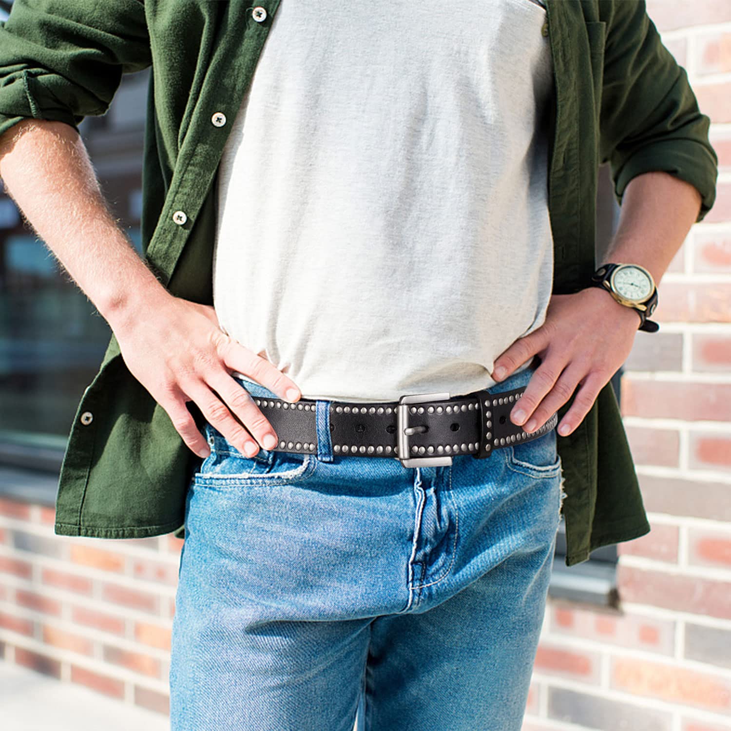 FIORETTO Genuine Leather Studded Belt for Men Women, Punk Goth Y2K Rivet Belt with Metal Buckle for Jeans Pants, Black Brown - Image 8