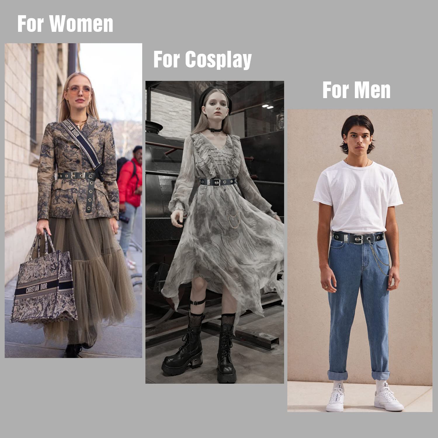 FIORETTO Grommet Leather Belt with Detachable Chain Women Men Punk Rock Waist Belts for Jeans Pants - Image 5