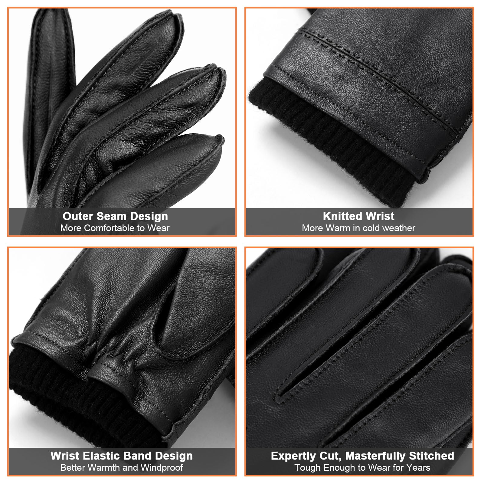 FIORETTO Men's Chrome free Leather Driving Gloves Touchscreen Warm Cashmere Wool Lined Sheepskin Winter Gloves M24002 - Image 3