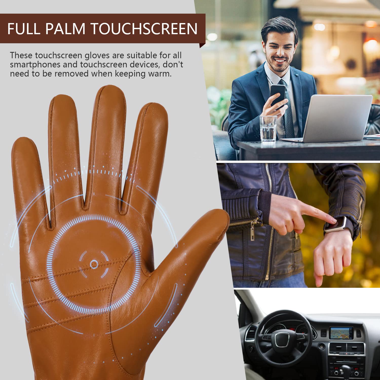 FIORETTO Men’s Chrome-Free Leather Driving Gloves Warm Cashmere Lined Touchscreen Winter Gloves M200814 - Image 3