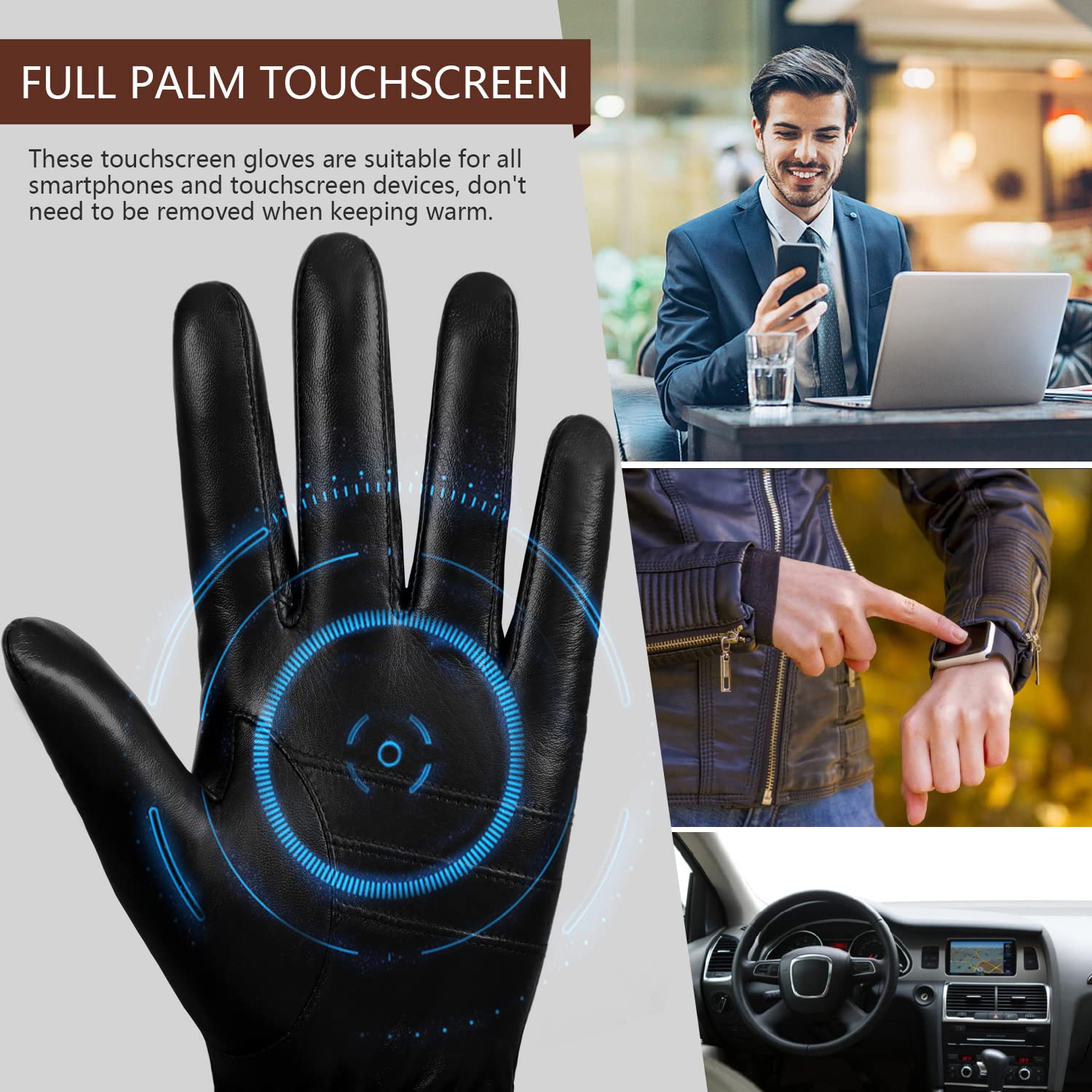 FIORETTO Men’s Chrome-Free Leather Driving Gloves Warm Cashmere Lined Touchscreen Winter Gloves M200814 - Image 3