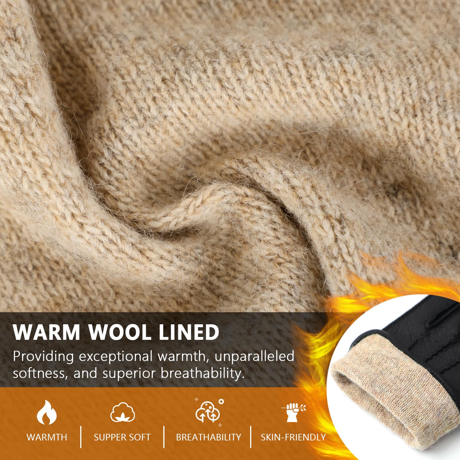 FIORETTO Men’s Chrome-Free Leather Gloves Winter – Touchscreen Driving Gloves with Warm Wool Lining M24001 - Image 3