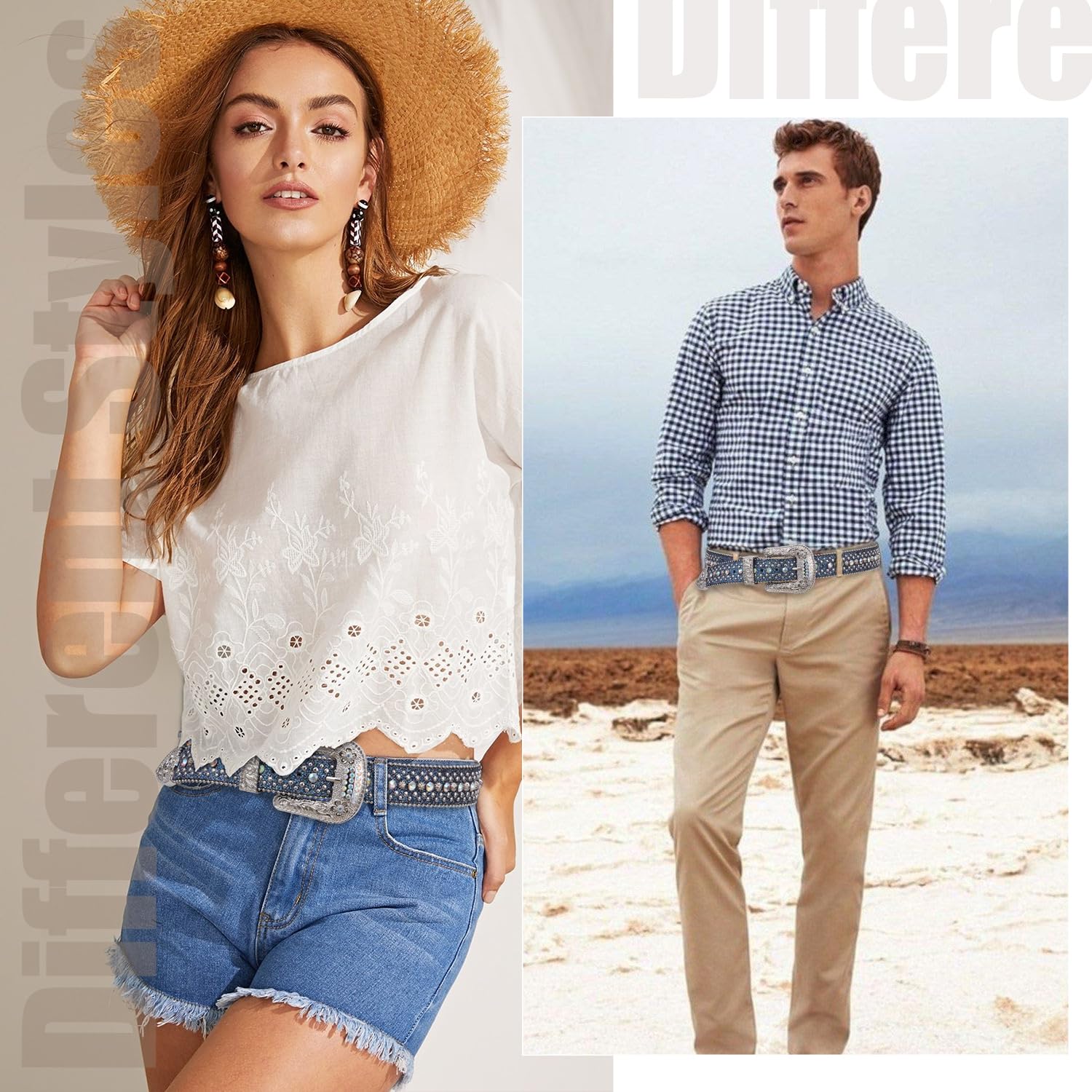 FIORETTO Men Women Rhinestone Belt Bling Western Studded Leather Belt Shining Diamond Waist Belt for Cowgirl Cowboy Jeans - Image 3