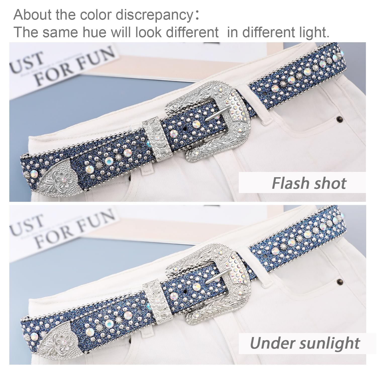 FIORETTO Men Women Rhinestone Belt Bling Western Studded Leather Belt Shining Diamond Waist Belt for Cowgirl Cowboy Jeans - Image 4