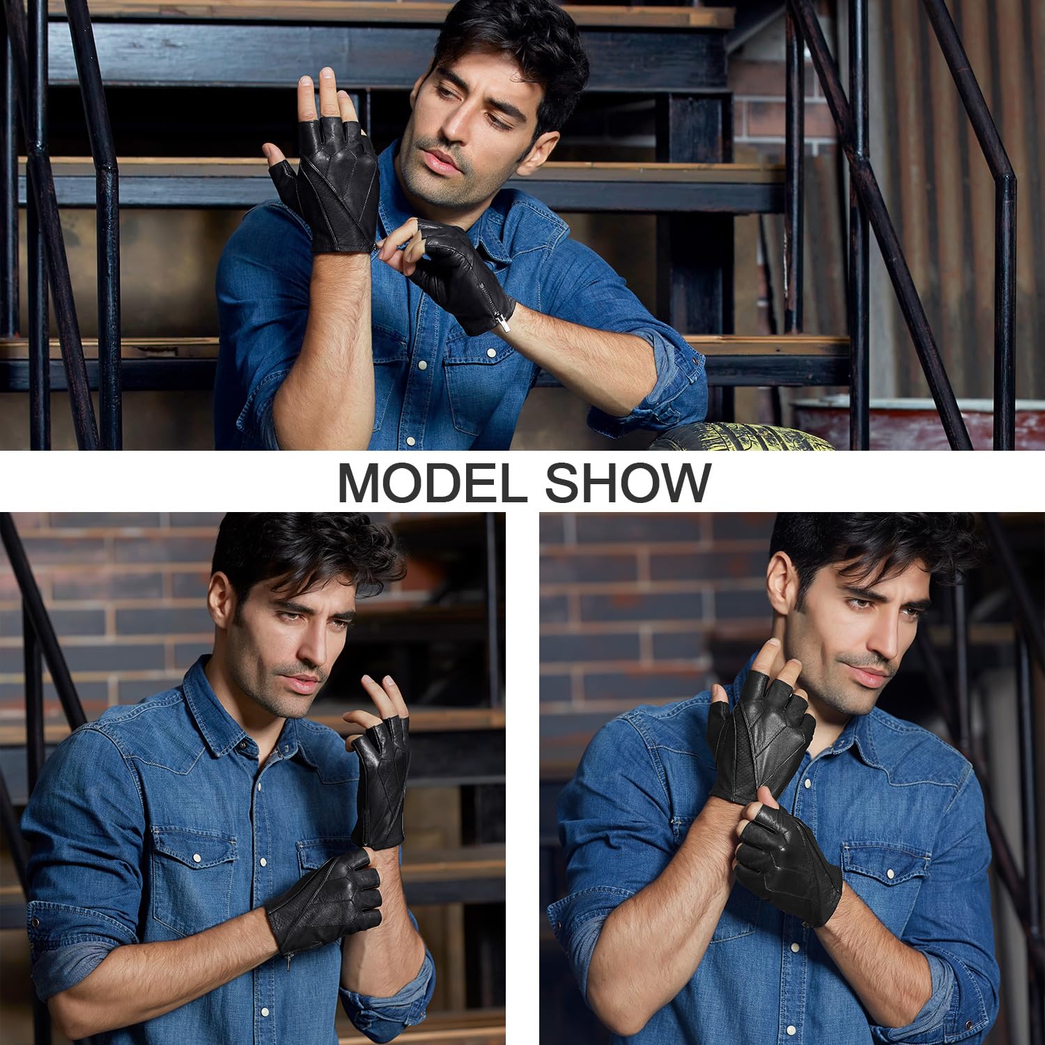 FIORETTO Mens Fingerless Leather Driving Gloves – Genuine Sheepskin Half Finger Motorcycle Gloves, Unlined 16515 - Image 4