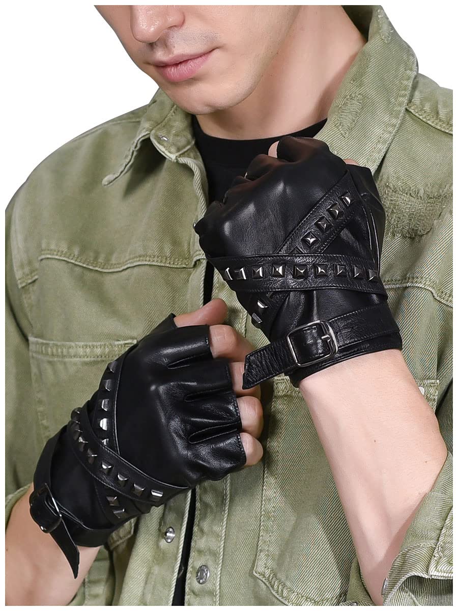 FIORETTO Mens Fingerless Leather Gloves – Half Finger Punk Style Sheepskin for Driving & Motorcycle – M16519 - Image 3