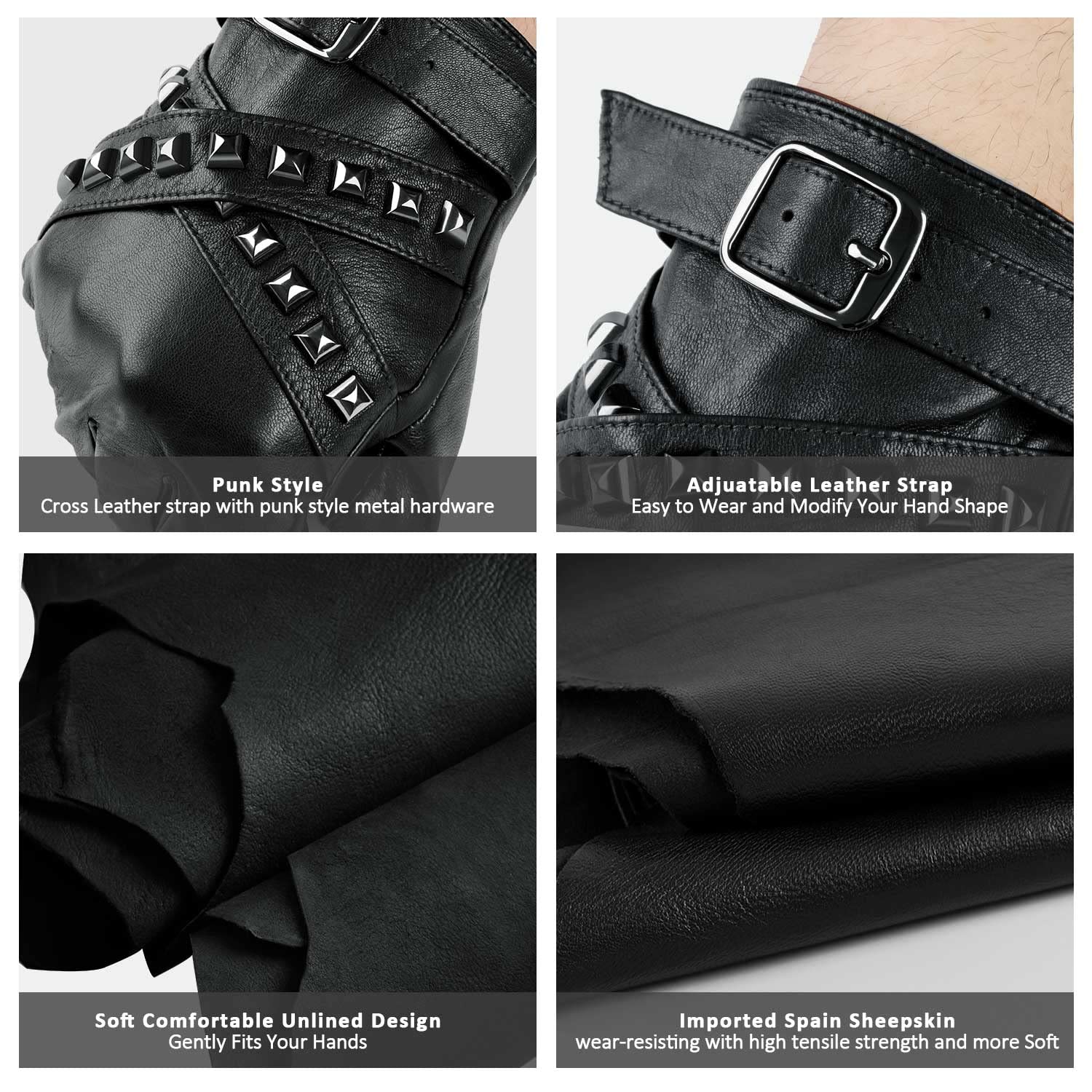 FIORETTO Mens Fingerless Leather Gloves – Half Finger Punk Style Sheepskin for Driving & Motorcycle – M16519 - Image 4