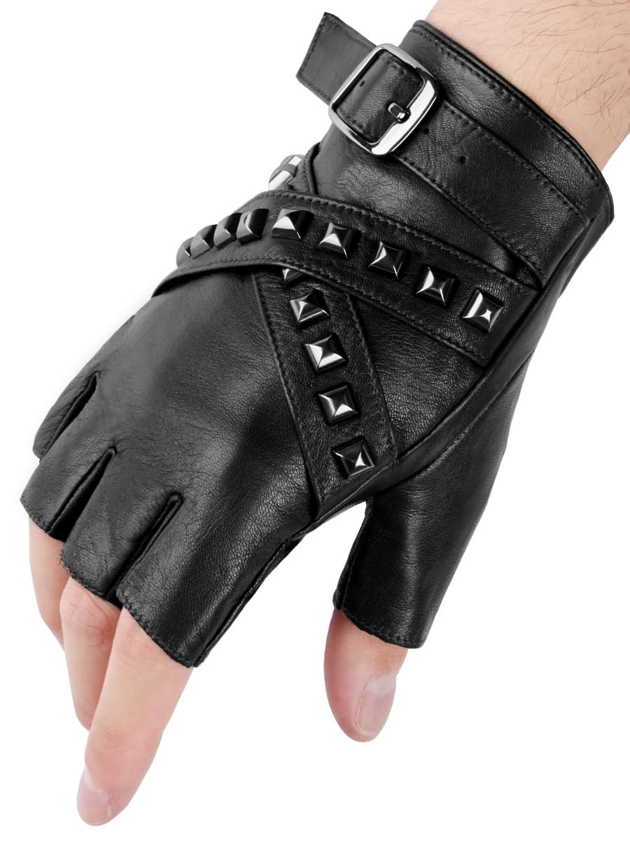 FIORETTO Mens Fingerless Leather Gloves – Half Finger Punk Style Sheepskin for Driving & Motorcycle – M16519 - Image 7