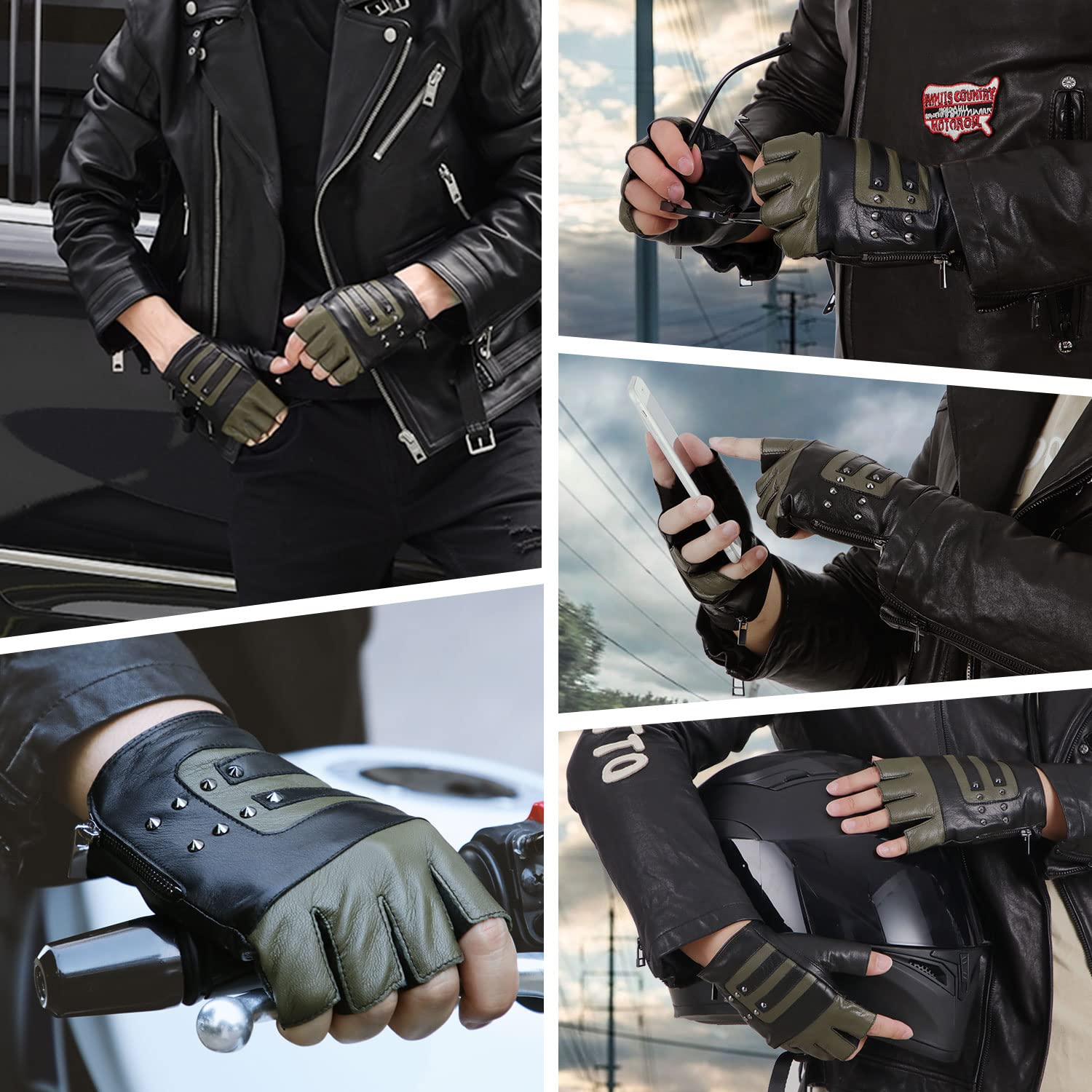 FIORETTO Mens Genuine Leather Fingerless Gloves Unlined Half Finger Punk Gloves for Driving Cycling Motorcycle M200801 - Image 3