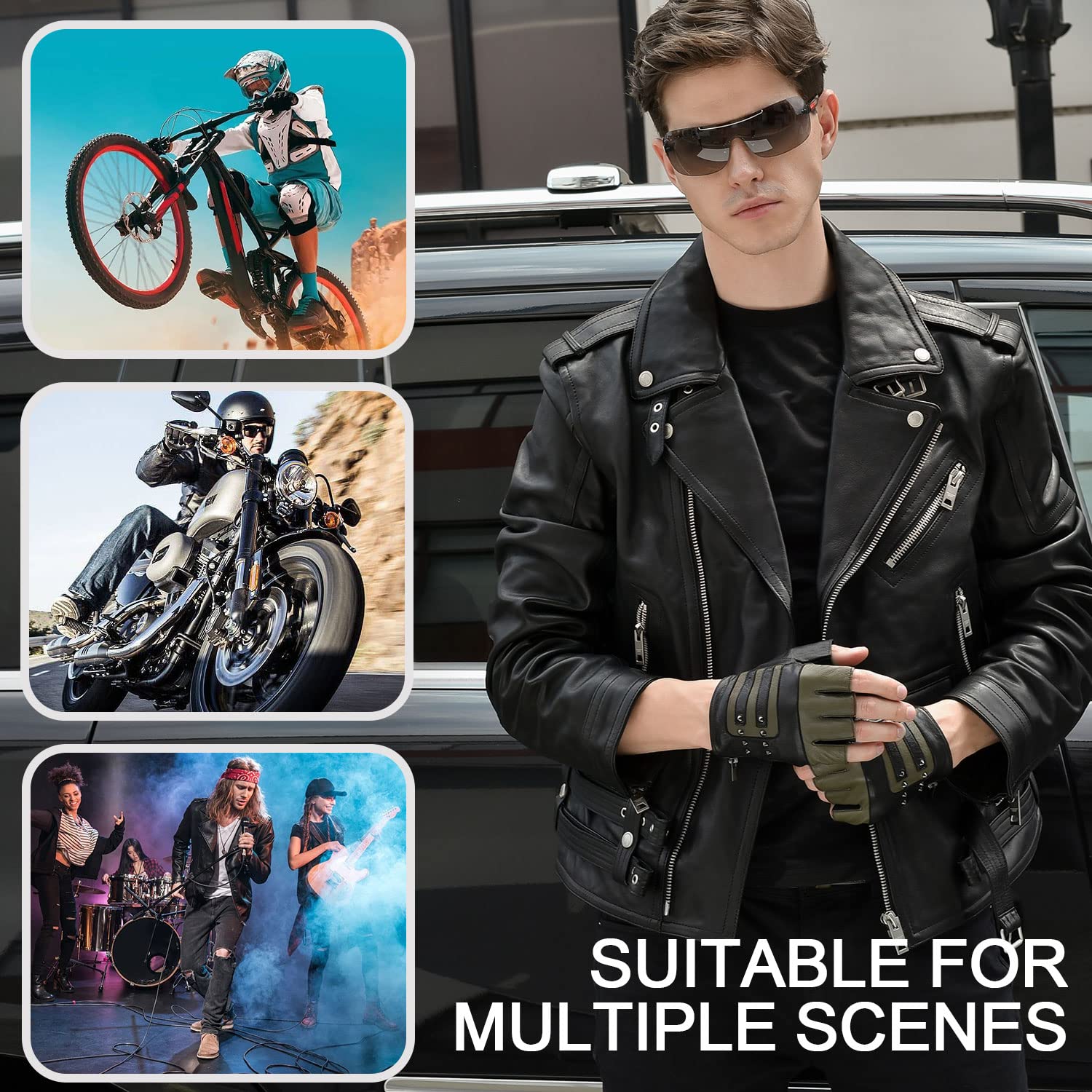 FIORETTO Mens Genuine Leather Fingerless Gloves Unlined Half Finger Punk Gloves for Driving Cycling Motorcycle M200801 - Image 4