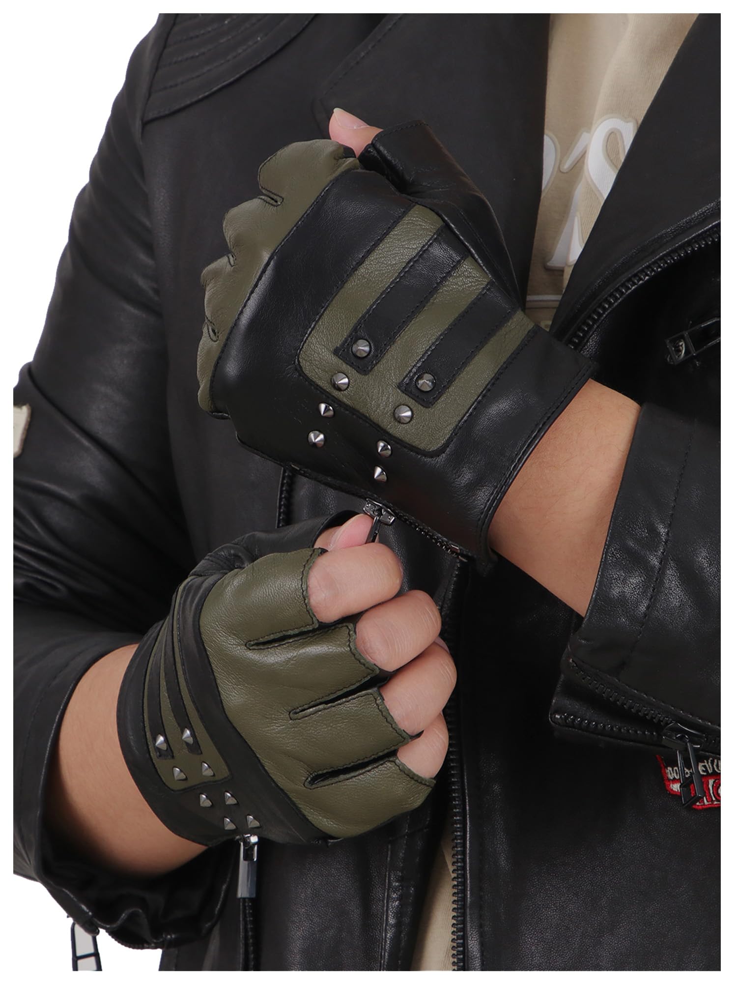 FIORETTO Mens Genuine Leather Fingerless Gloves Unlined Half Finger Punk Gloves for Driving Cycling Motorcycle M200801 - Image 7