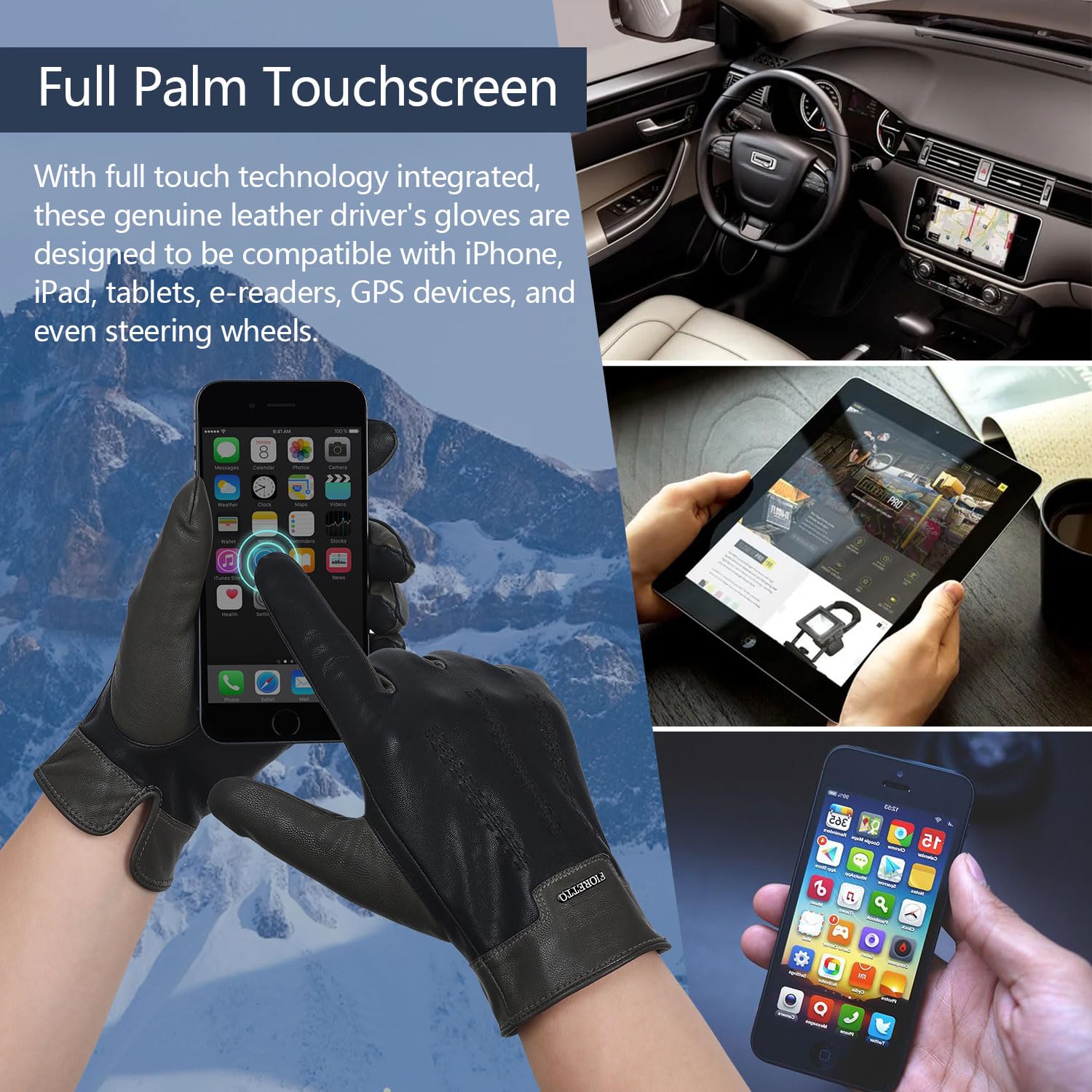 FIORETTO Mens Winter Genuine Leather Gloves Cashmere and Wool Lined Warm Touchscreen Leather Driving Gloves M180807 - Image 4