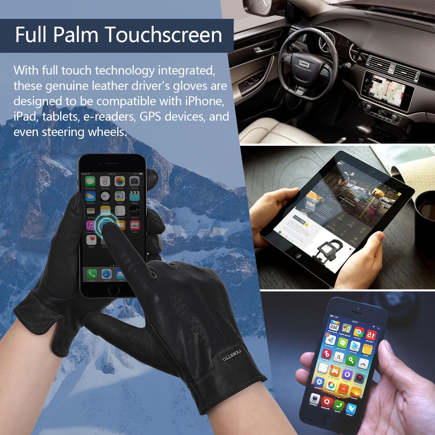 FIORETTO Mens Winter Genuine Leather Gloves Cashmere and Wool Lined Warm Touchscreen Leather Driving Gloves M180807 - Image 4