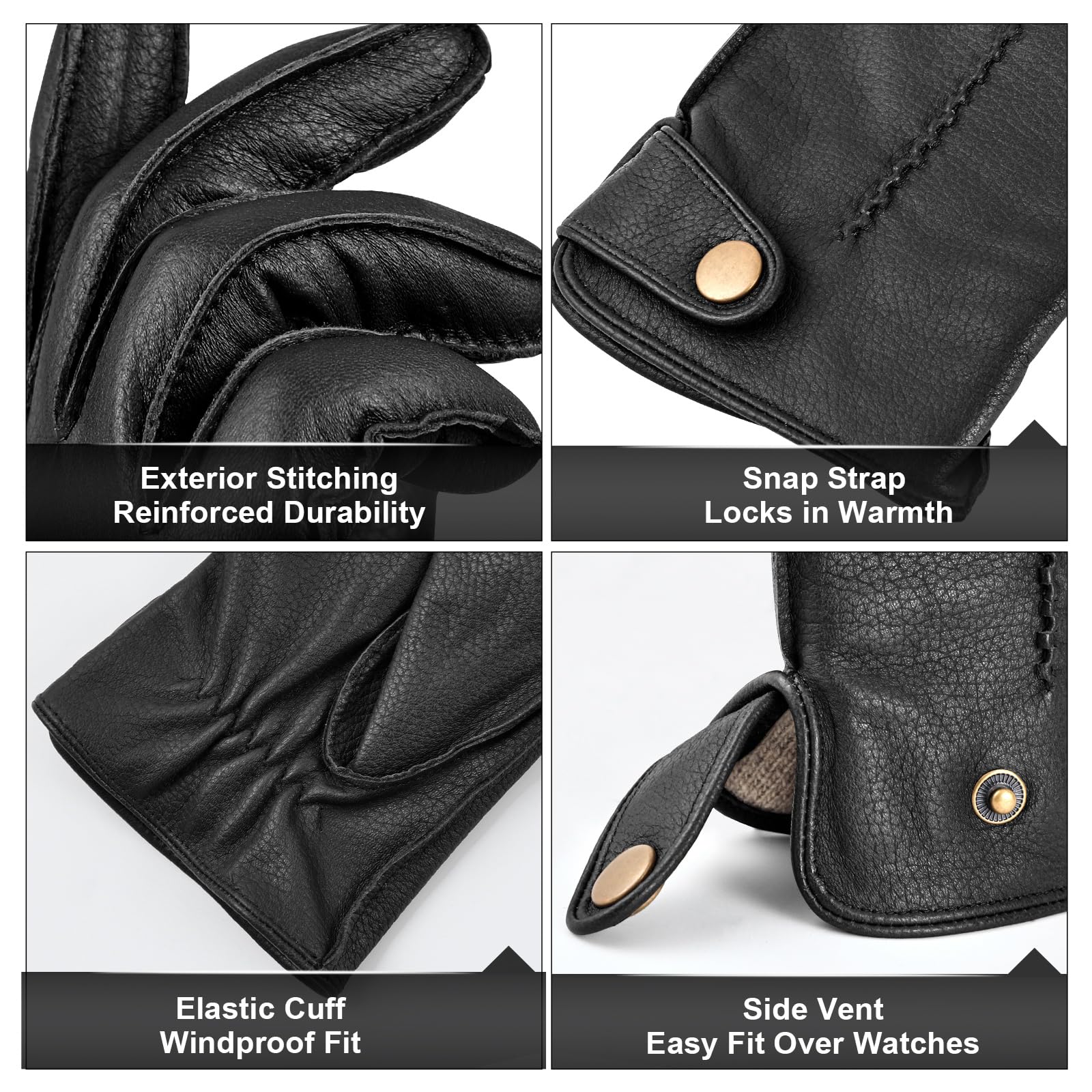 FIORETTO Mens Winter Leather Gloves – Deerskin-Textured Sheepskin Driving Gloves with Cashmere Wool Lining Warm M25002 - Image 5