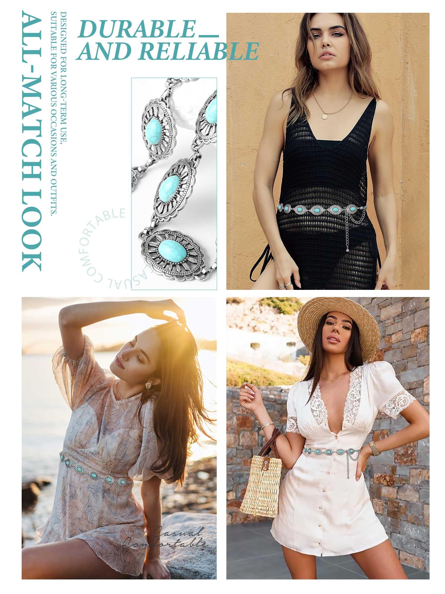 FIORETTO Metal Waist Chain Link Belt for Women Western Cowgirl Boho Turquoise Belts for Dress Jeans Country Concert Outfit - Image 4
