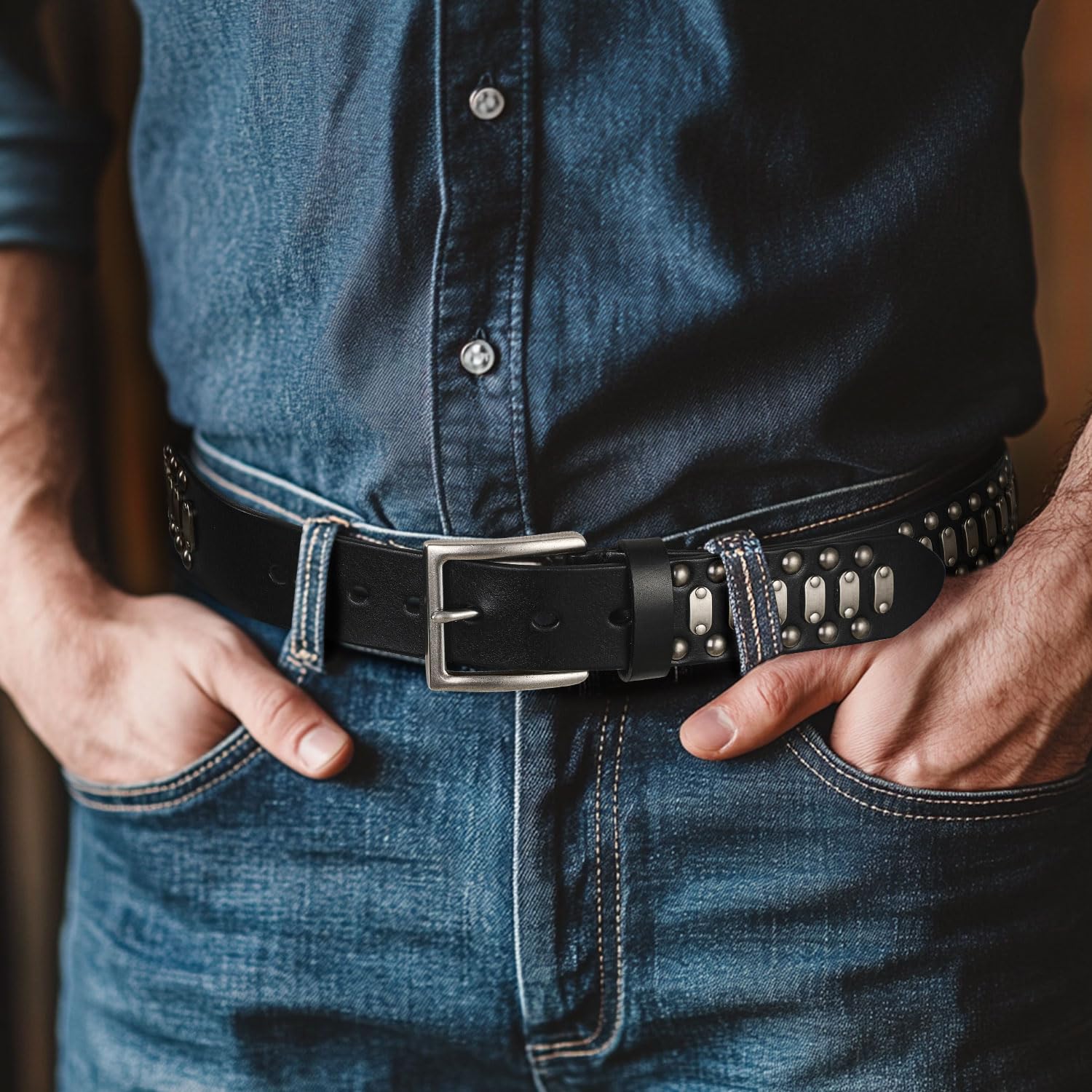 FIORETTO Stylish Mens Studded Casual Italian Cowhide Leather Belts For Jeans Punk Rock Rivets Belt With Buckle For Men Black - Image 3