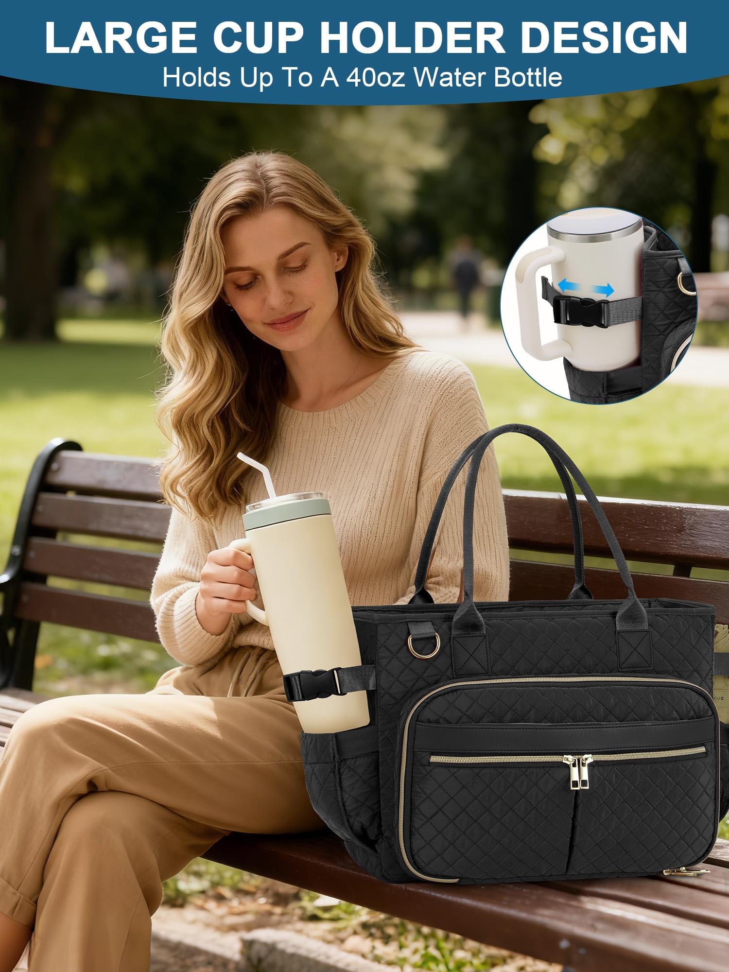 FIORETTO Teacher Tote Bag for Women with Laptop Compartment, Large Cup Holder, Zip Closure, Ideal for Work, Bible, Nurse - Image 6