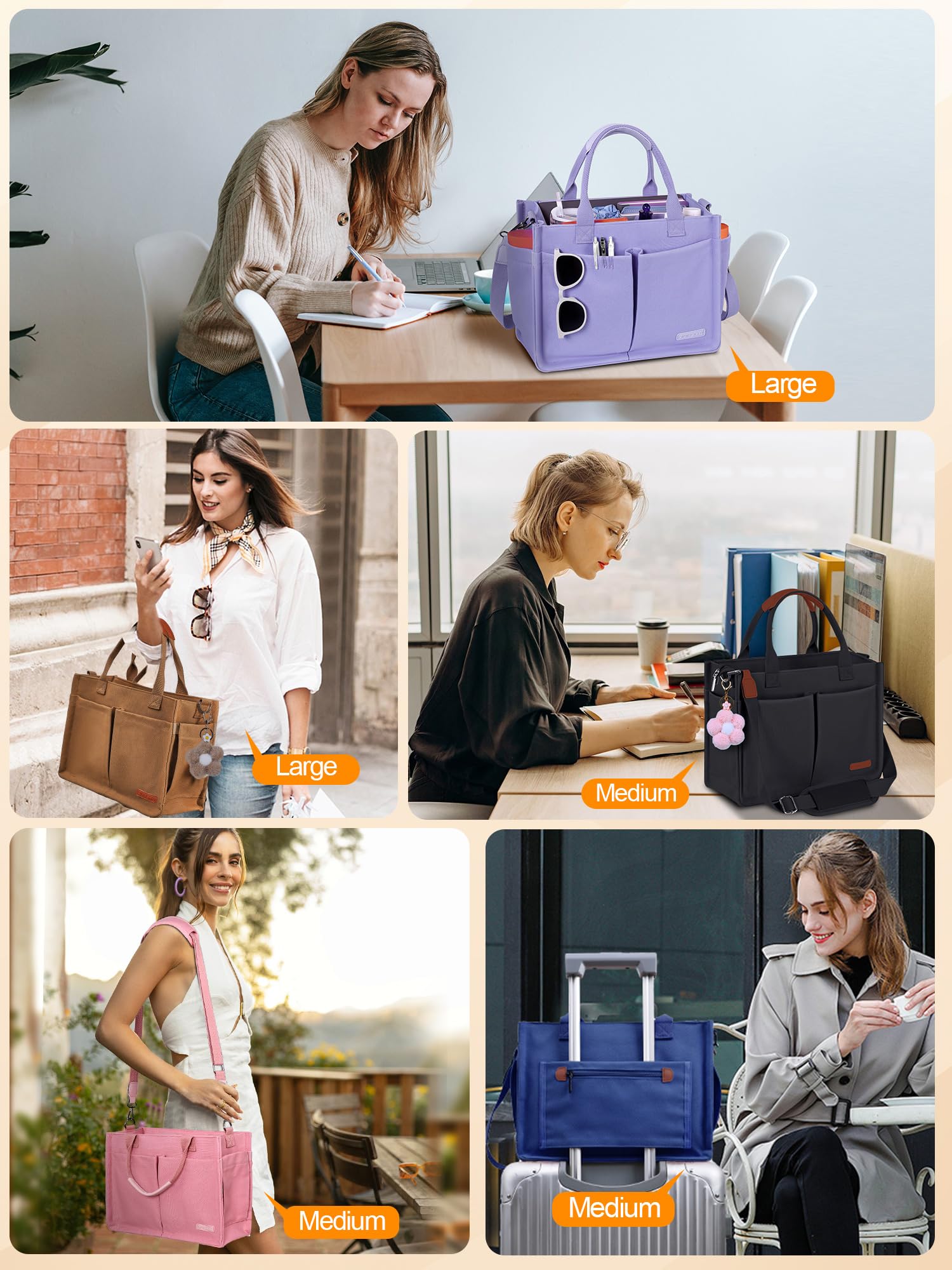 FIORETTO Womens Canvas Tote Bag Purse with Individual Compartment, Zipper Top, Reinforced Bottom & Luggage Sleeve - Image 4