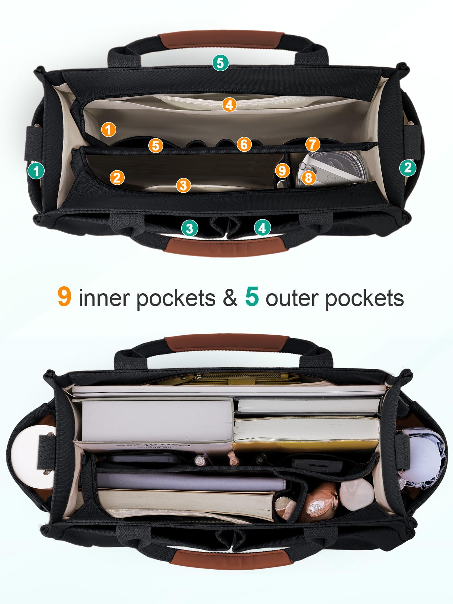 FIORETTO Womens Canvas Tote Bag Purse with Individual Compartment, Zipper Top, Reinforced Bottom & Luggage Sleeve - Image 5