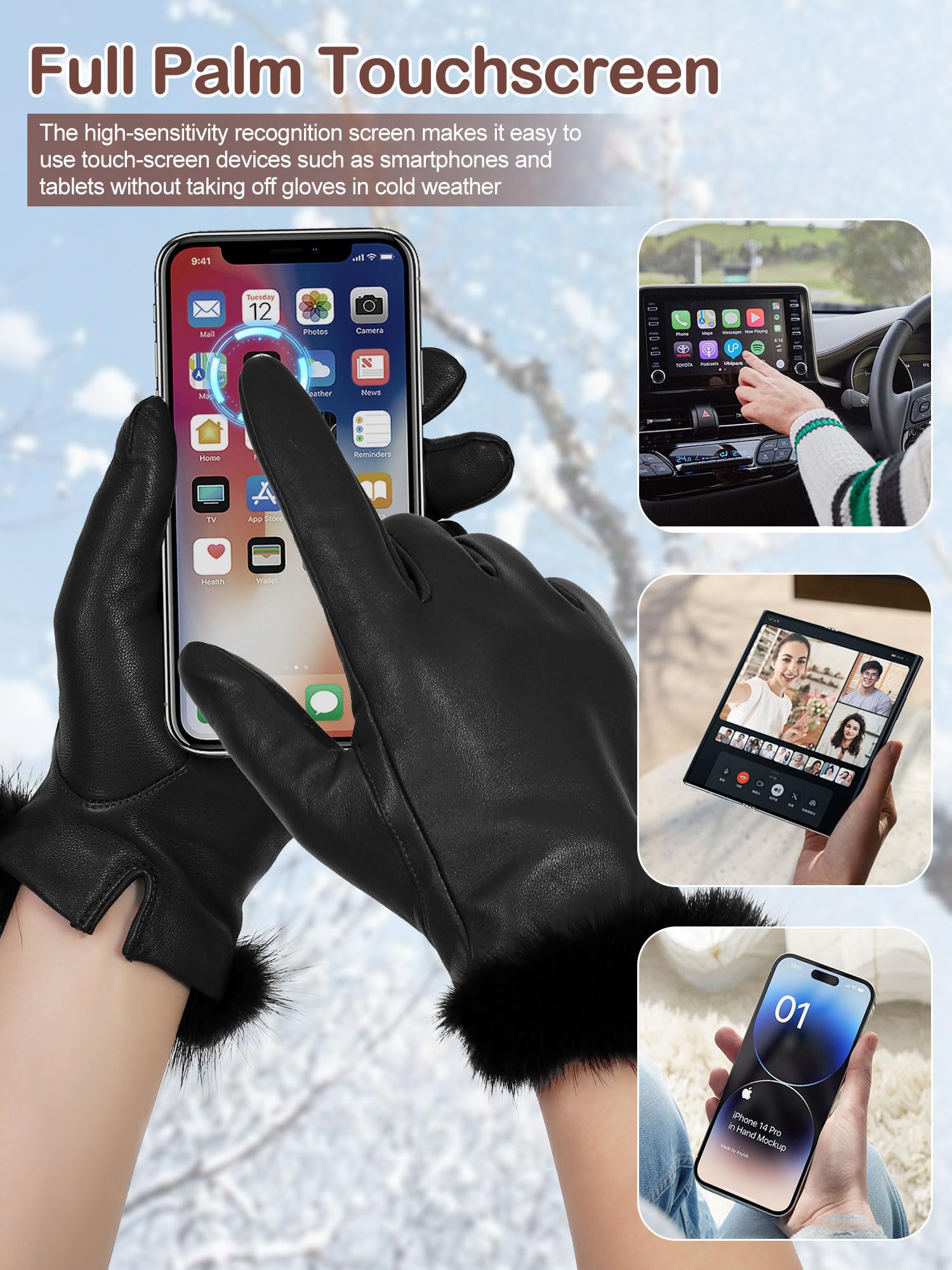 FIORETTO Womens Chrome-Free Genuine Leather Gloves with Fur Cuff Touchscreen Winter Warm Driving Gloves Cashmere Lined 21020 - Image 3
