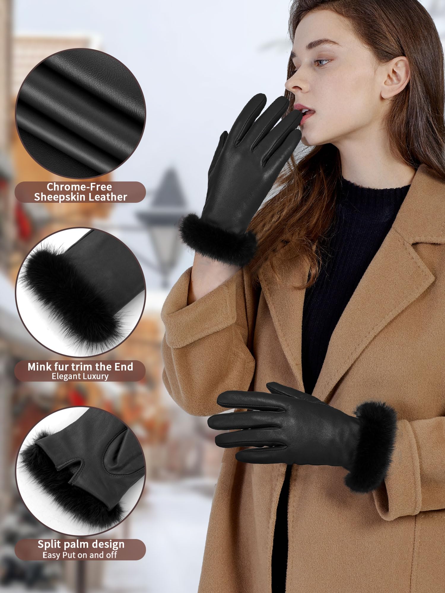 FIORETTO Womens Chrome-Free Genuine Leather Gloves with Fur Cuff Touchscreen Winter Warm Driving Gloves Cashmere Lined 21020 - Image 5