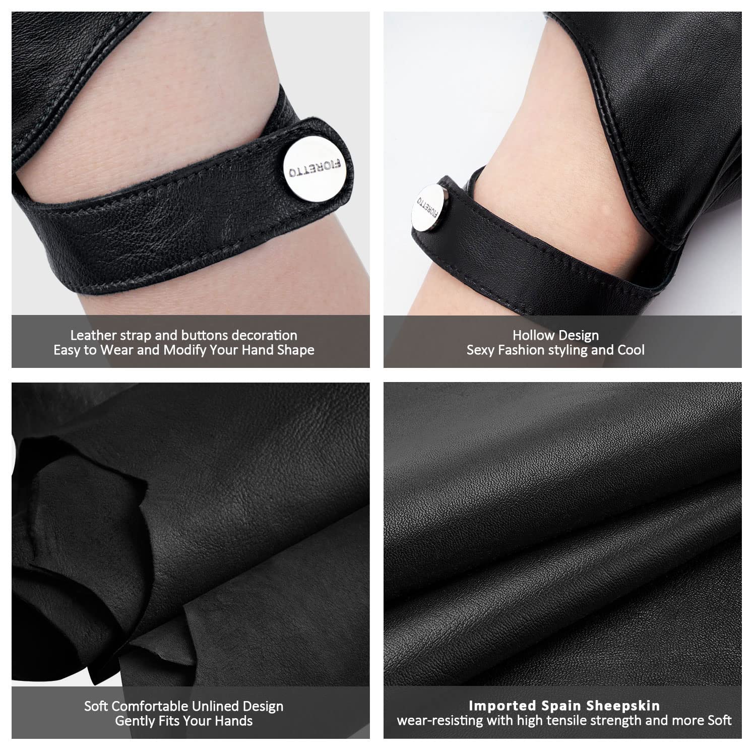 FIORETTO Womens Fingerless Leather Gloves for Driving Motorcycle Unlined Half Finger Gloves 200420 - Image 3