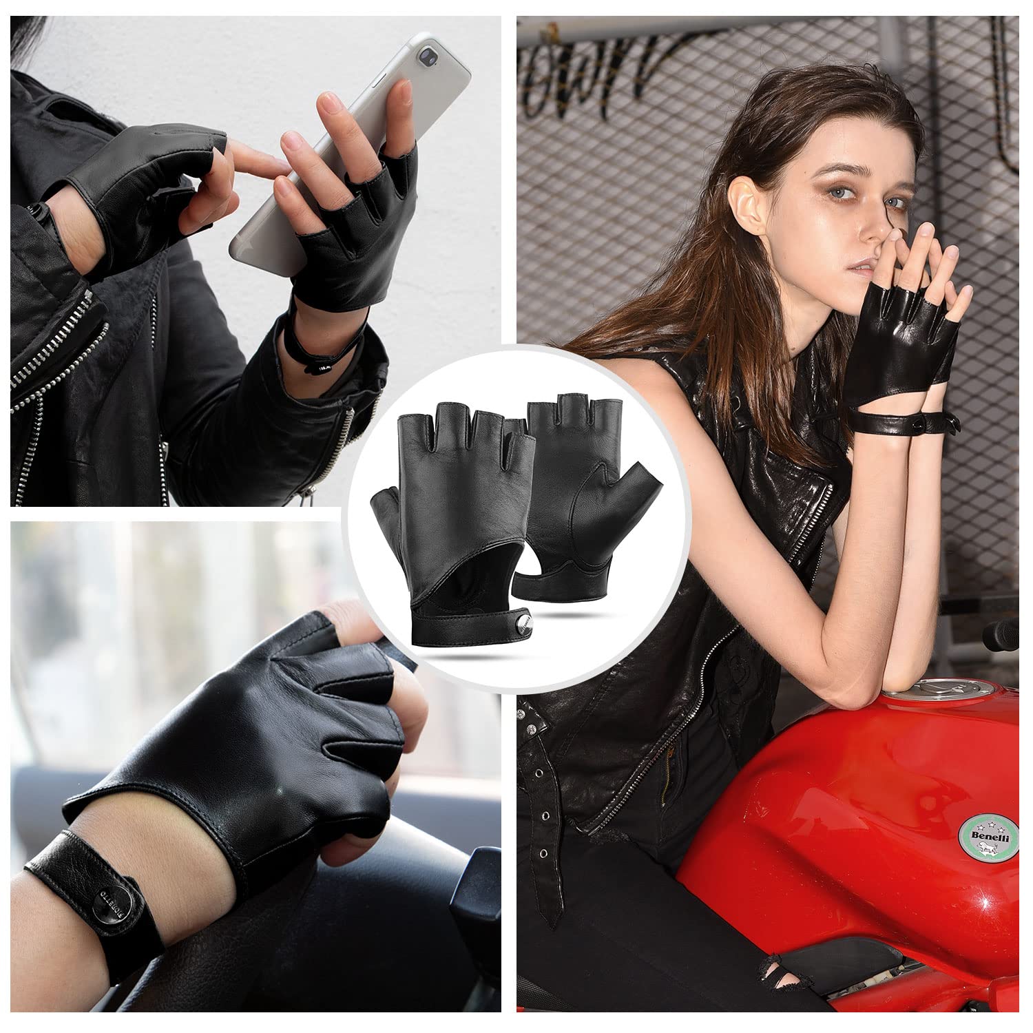 FIORETTO Womens Fingerless Leather Gloves for Driving Motorcycle Unlined Half Finger Gloves 200420 - Image 4