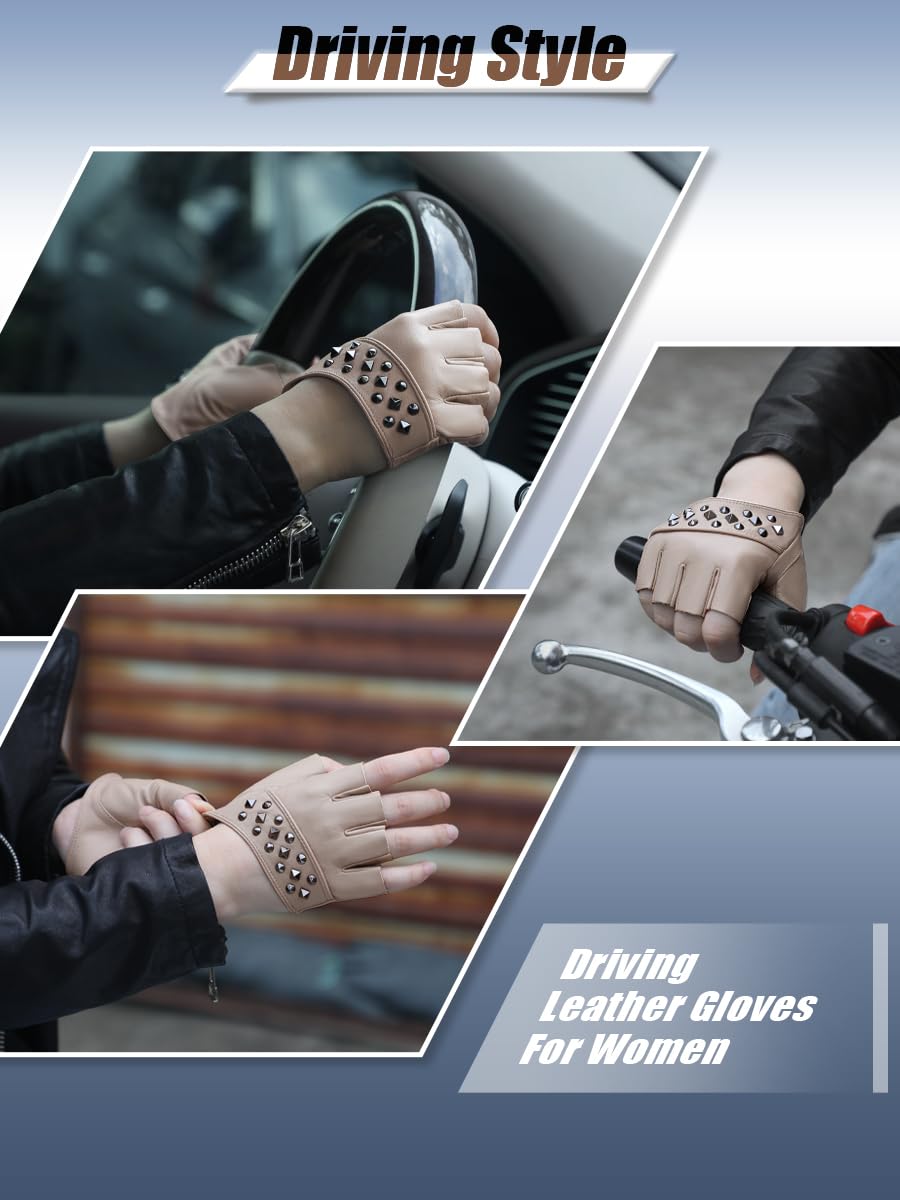 FIORETTO Womens Fingerless Leather Gloves for Driving Unlined Half Finger Punk Gloves 180413 - Image 3