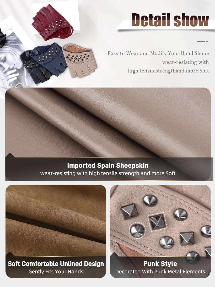 FIORETTO Womens Fingerless Leather Gloves for Driving Unlined Half Finger Punk Gloves 180413 - Image 4