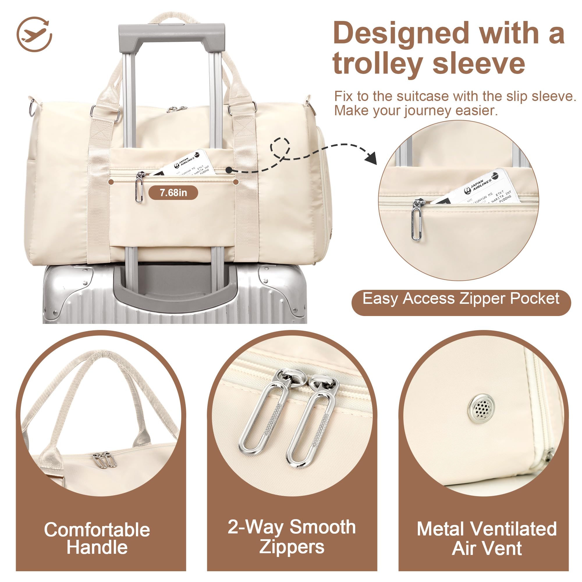 FIORETTO Womens Gym Tote Duffle Bag with Wet Pocket & Shoe Compartment, Sports Duffel Overnight Weekender Hospital Workout Carry on Bag for Girls, Ideal for Travel, Swimming, Dance, Ballet Beige - Image 4