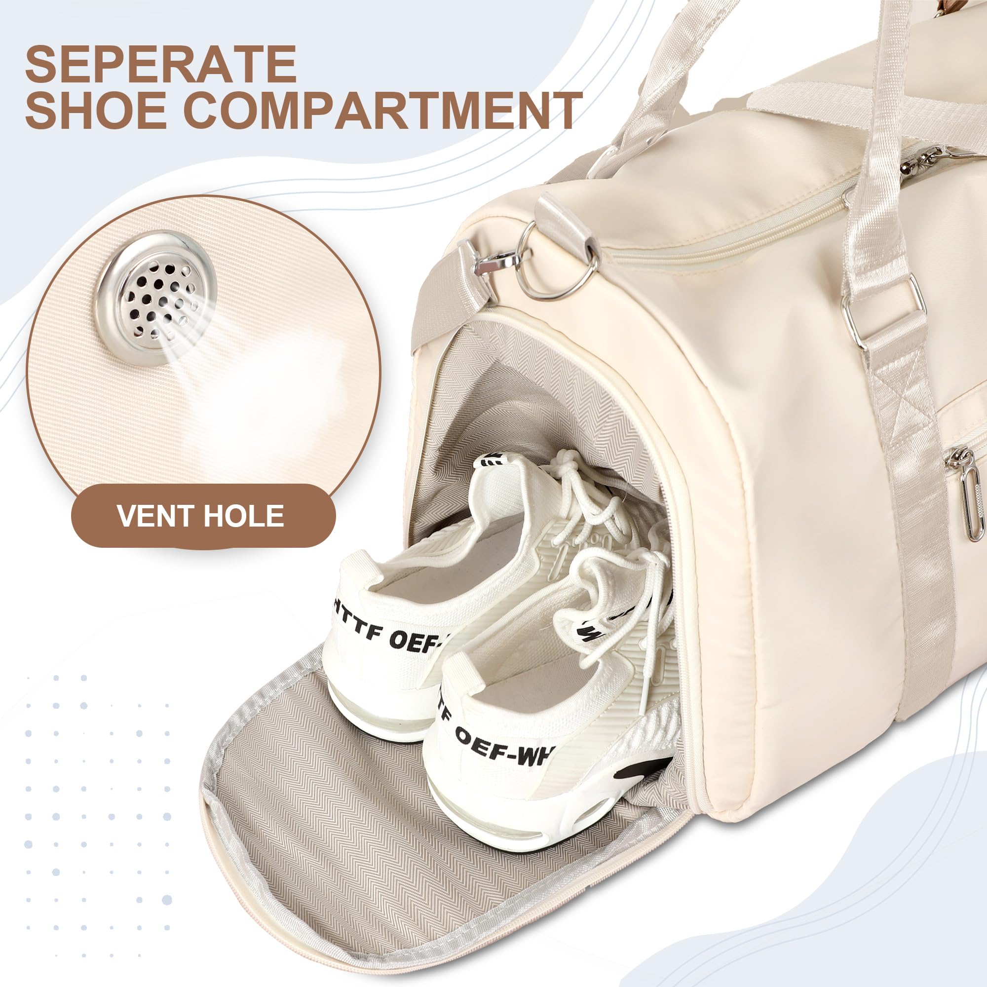 FIORETTO Womens Gym Tote Duffle Bag with Wet Pocket & Shoe Compartment, Sports Duffel Overnight Weekender Hospital Workout Carry on Bag for Girls, Ideal for Travel, Swimming, Dance, Ballet Beige - Image 5