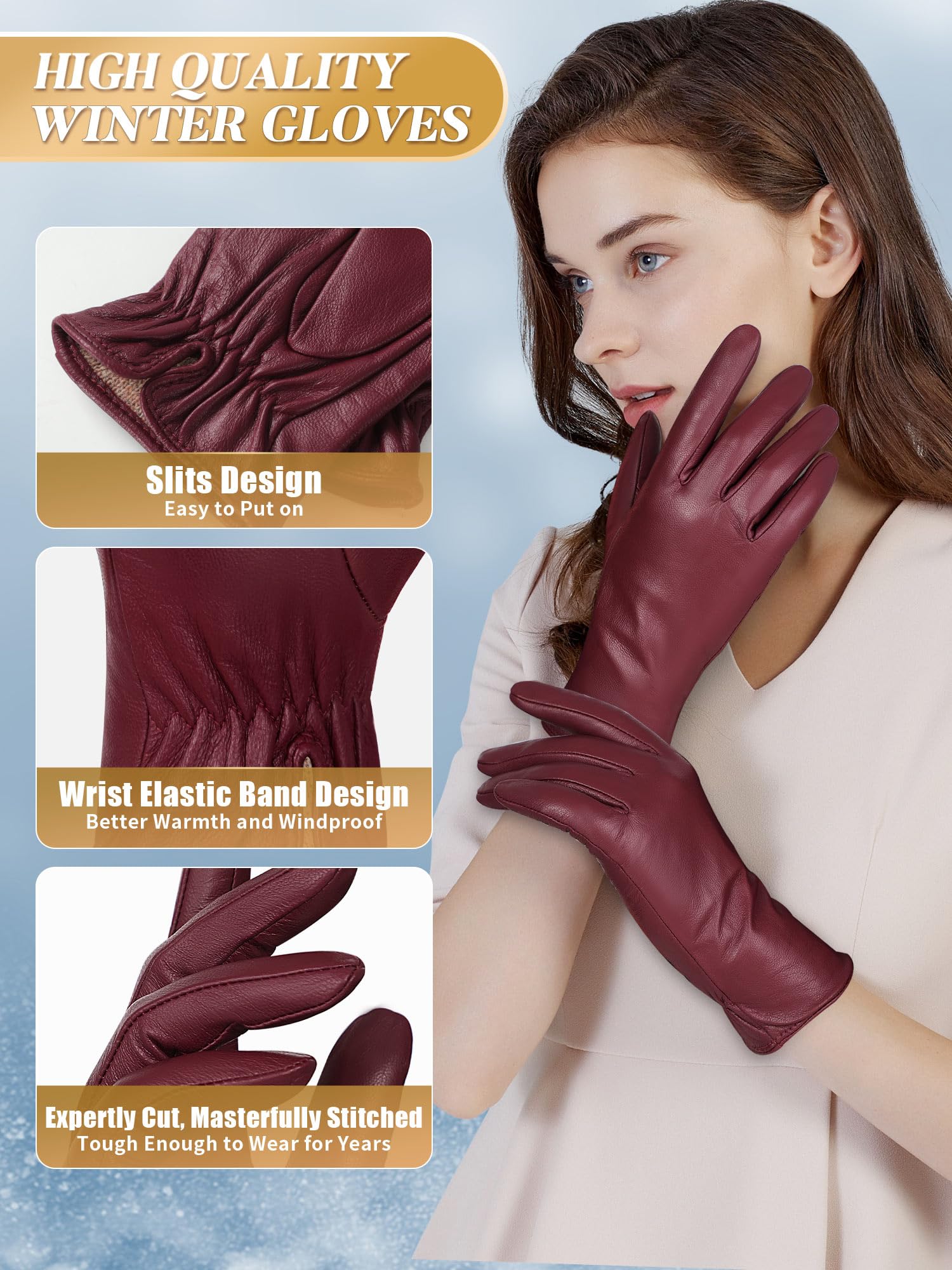 FIORETTO Womens Leather Gloves Winter Touchscreen Warm Wool/Fleece Lined Sheepskin Driving Gloves (Chrome-Free) W24004 - Image 5