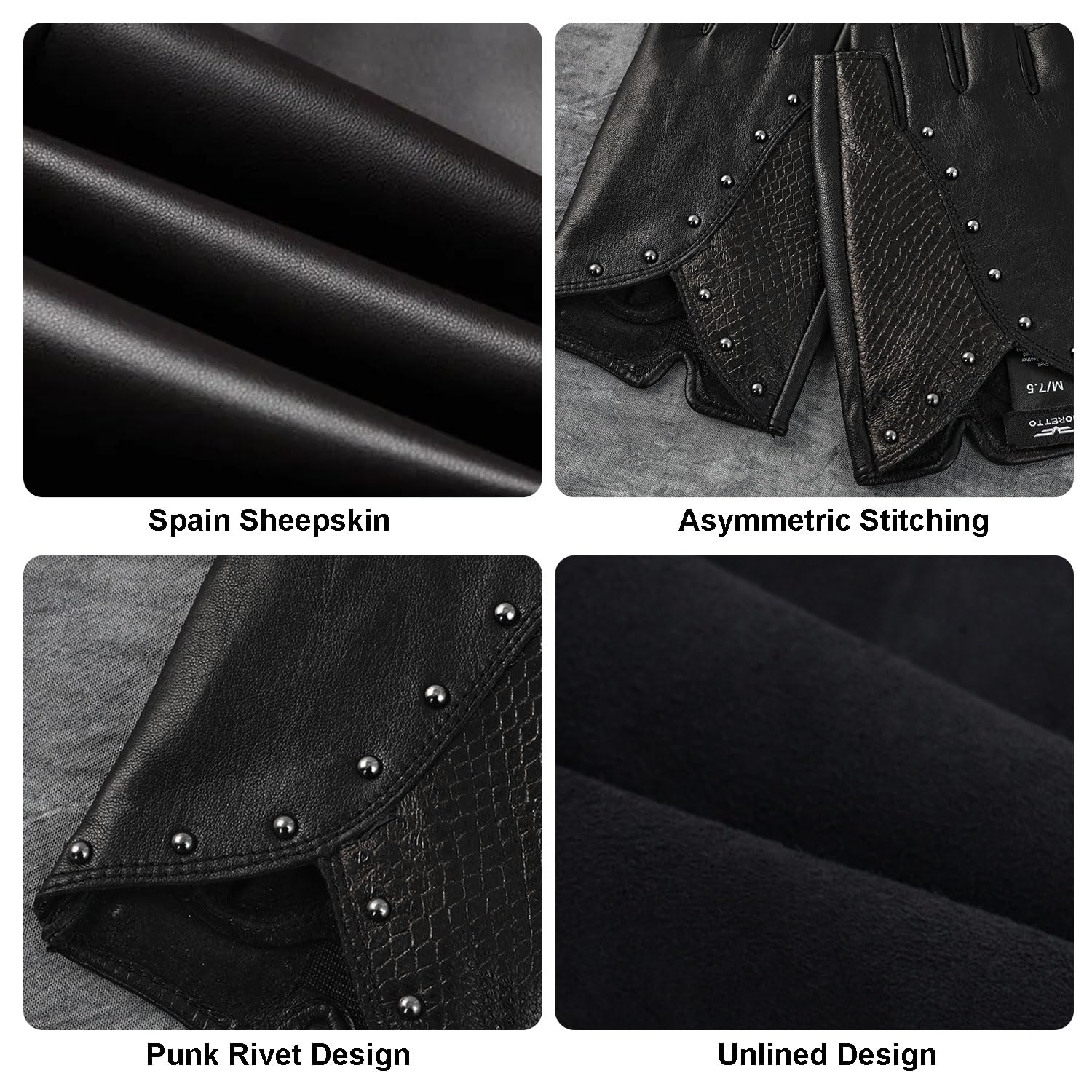 FIORETTO Womens Punk Fingerless Leather Gloves for Driving Motorcycle Unlined Half Finger Sheepskin W180416 - Image 3