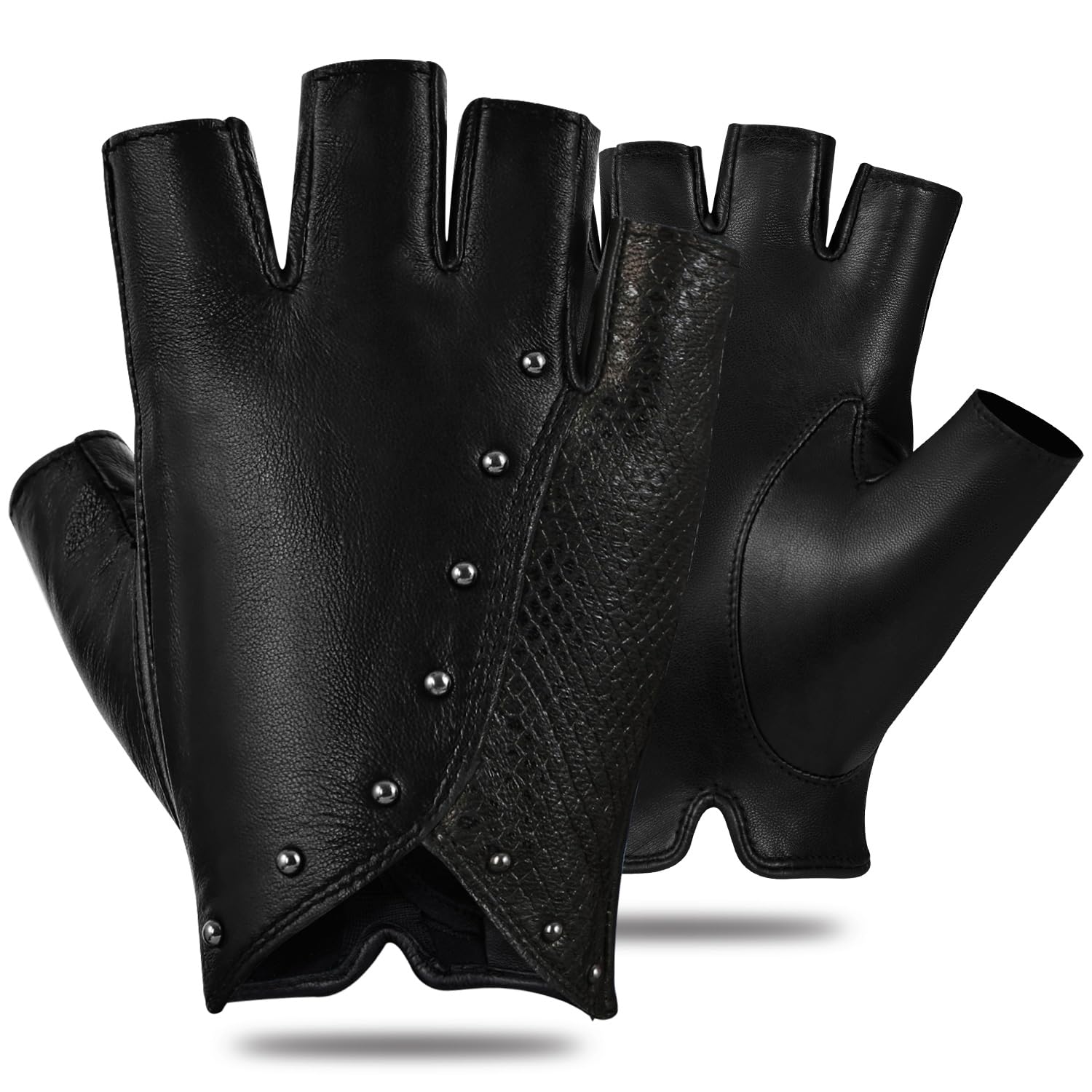 FIORETTO Womens Punk Fingerless Leather Gloves for Driving Motorcycle Unlined Half Finger Sheepskin W180416 - Image 4